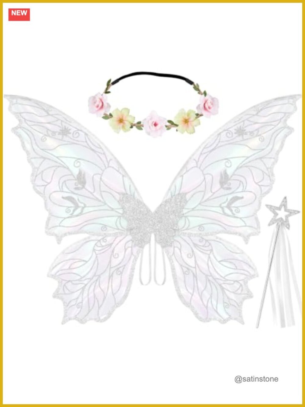 3Pc Iridescent Butterfly Fairy Wings Flower Crown Wand Adult Costume Set